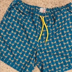 J. Crew Teal Swim Trunks with Yellow Fish Print